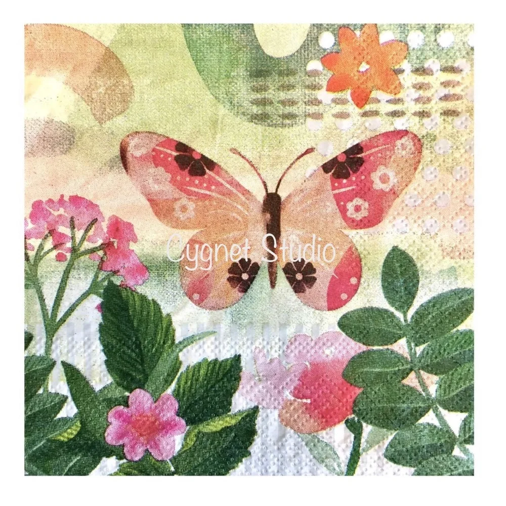 Peachy Pink Butterfly Decoupage Two (2) Individual Cocktail Napkins $FIRM